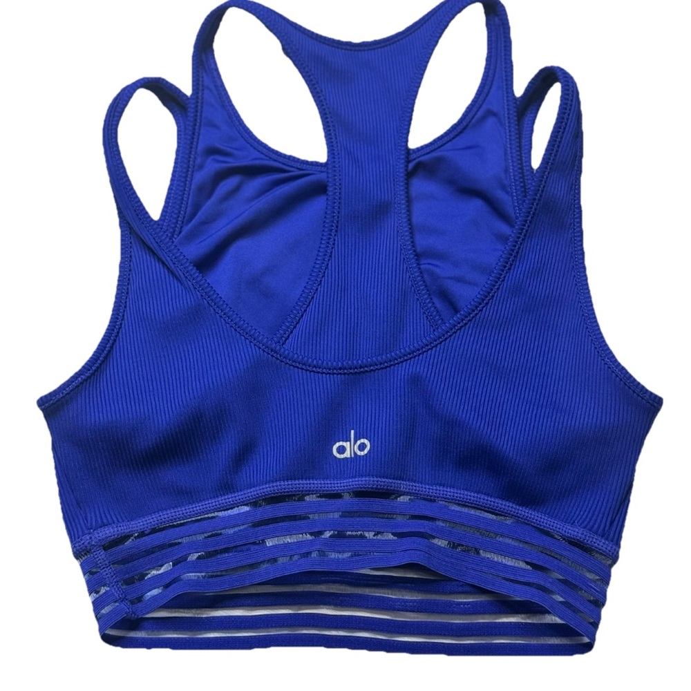 ALO Yoga Sports Bra | Ribbed Sapphire Blue Double Layered Sheer Stripes | Small